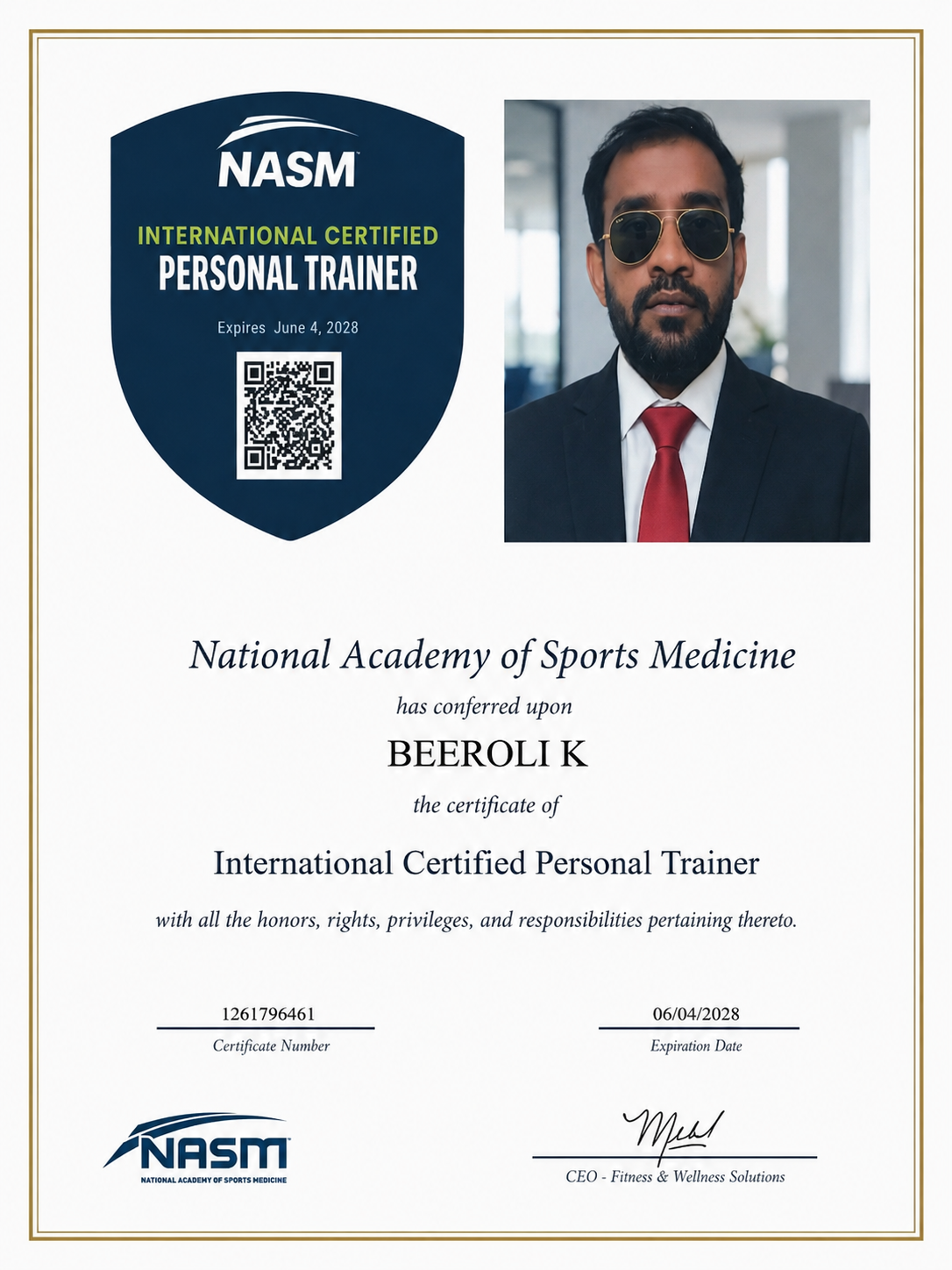 NASM Certified Personal Trainer - Beeroli K Certificate